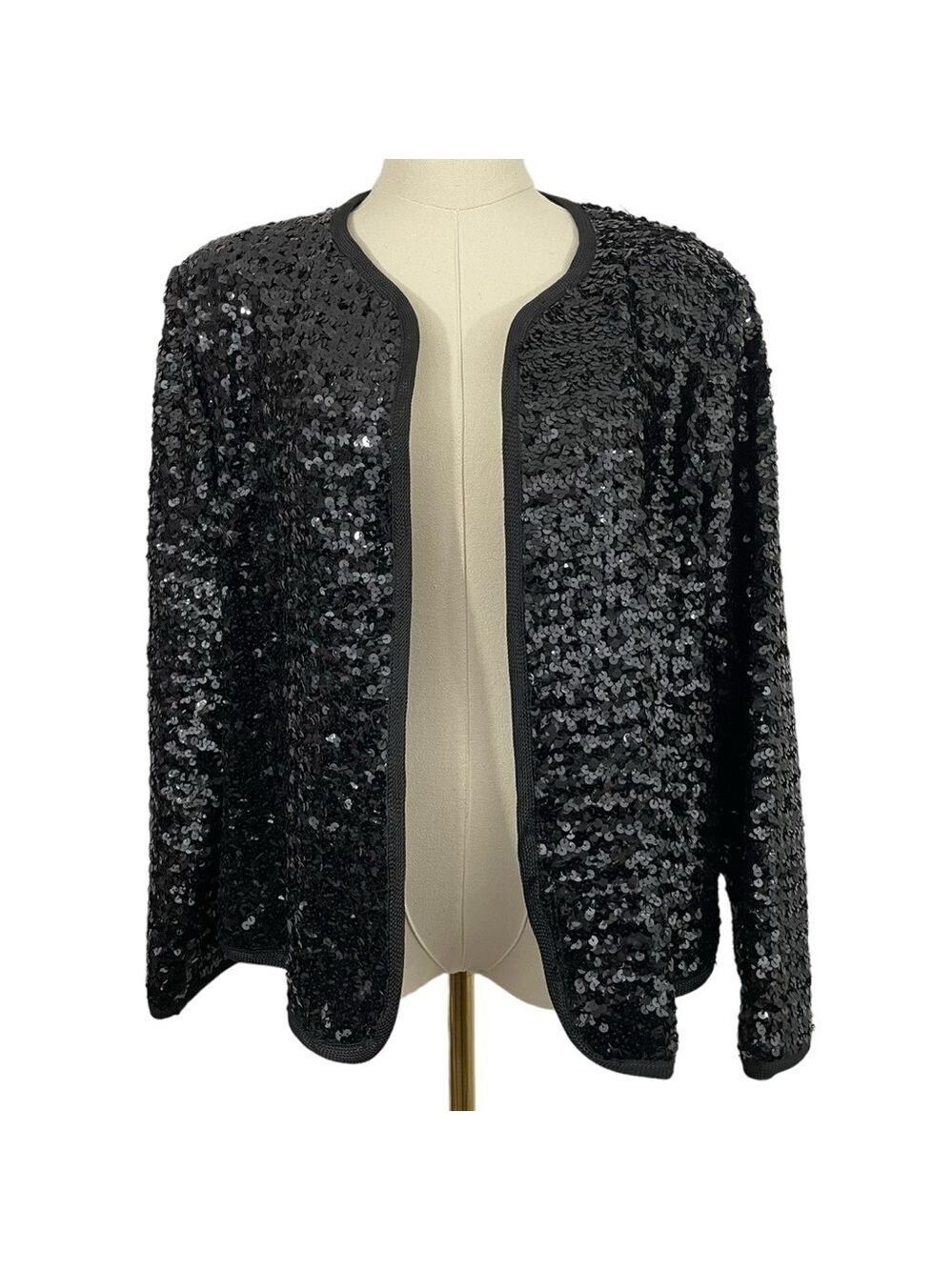 Vintage Full Sequin Open Front Jacket Womens S/M Black Cocktail Party Sparkle
